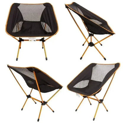 Cadeira Camping Dobrável Compacta - Sunset Colagem com ângulos frontal lateral e traseira da cadeira dobrável laranja sunset