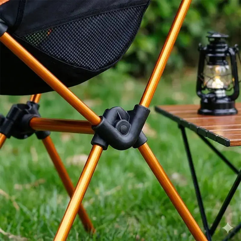 Cadeira Camping Dobrável Compacta - Sunset Detalhe da junta de conexão da estrutura de metal da cadeira laranja sunset