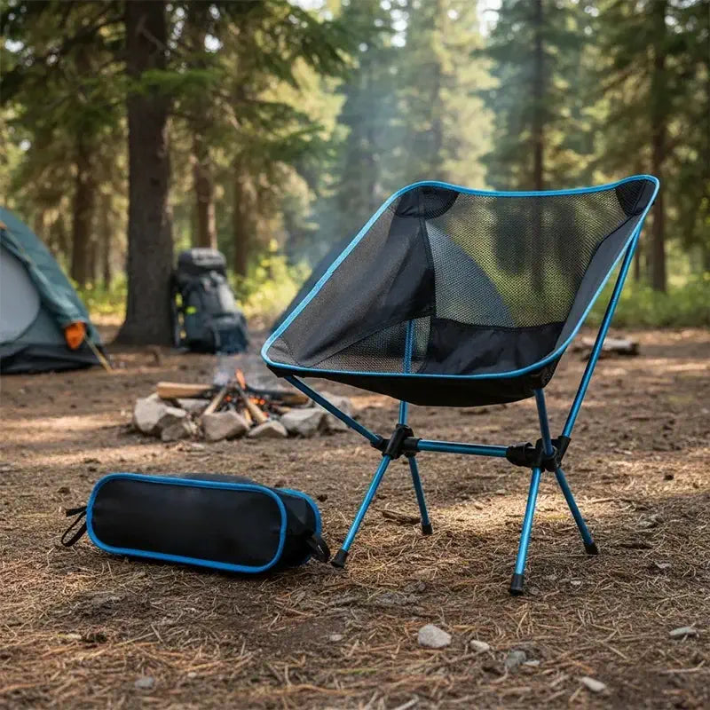 Cadeira dobrável de camping azul montada na floresta em frente a uma fogueira