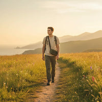 Pessoa carregando a bolsa do banquinho no ombro, enfatizando o transporte fácil e a leveza ultraleve para liberdade de movimento.