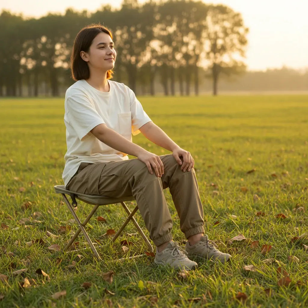 Pessoa usando o banquinho dobrável ao lado de uma mesa, mostrando a montagem prática e o conforto rápido da estrutura em Aço Carbono.