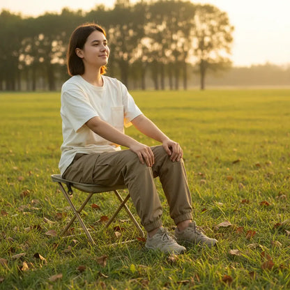 Pessoa usando o banquinho dobrável ao lado de uma mesa, mostrando a montagem prática e o conforto rápido da estrutura em Aço Carbono.