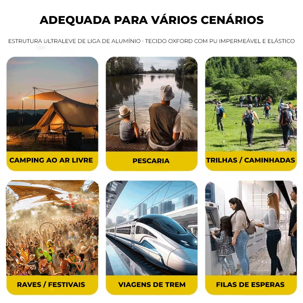 Grade de cenários demonstrando o uso versátil da cadeira ultraleve em viagens de trem, filas de espera e camping ao ar livre.