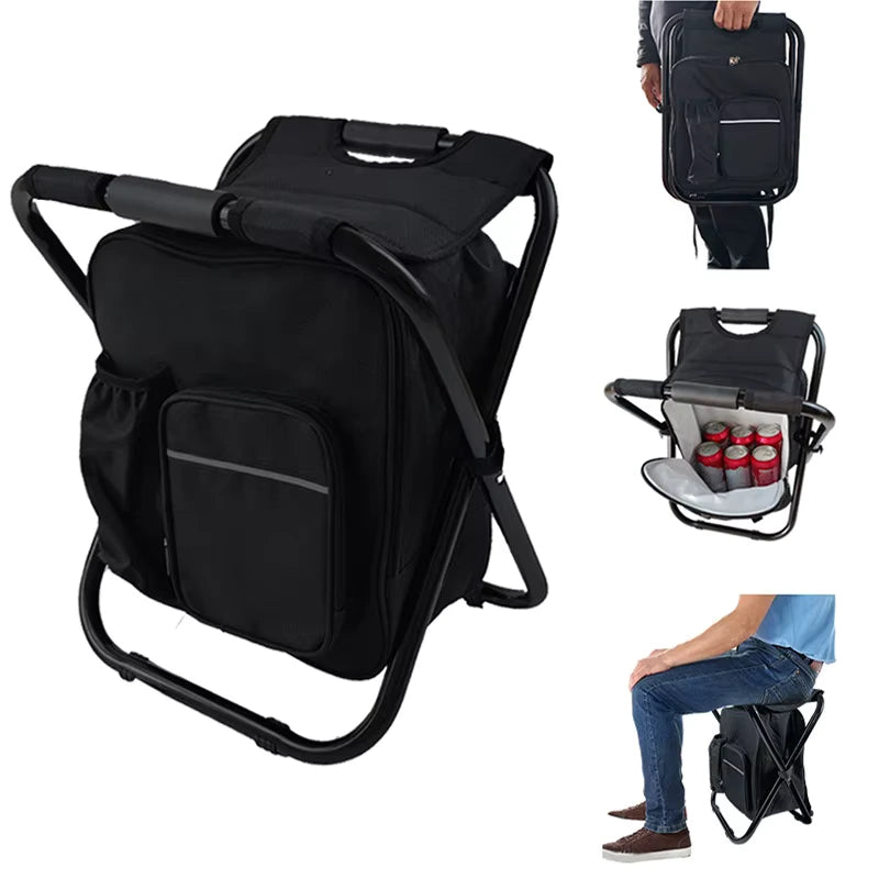 Cadeira Cooler multifuncional preta, com compartimento isolado para latas, oferecendo Alto Valor e conveniência em um único produto.