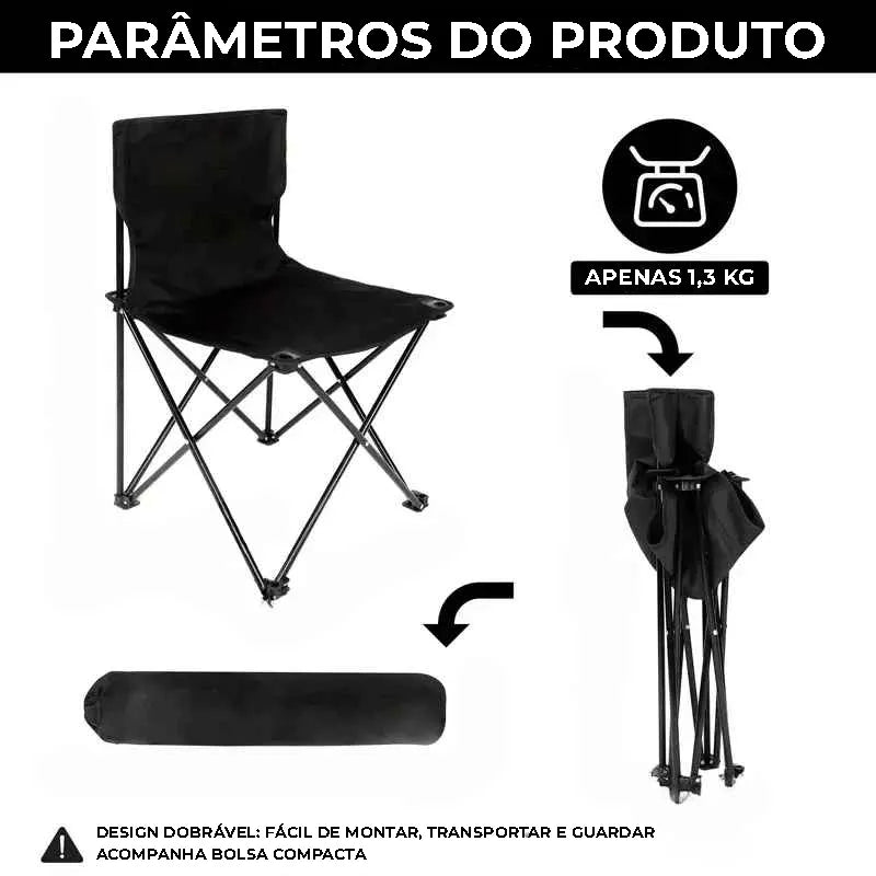 Parâmetros da cadeira, destacando o design dobrável para fácil de guardar e a portabilidade ultraleve de 1.3 KG.