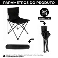 Parâmetros da cadeira, destacando o design dobrável para fácil de guardar e a portabilidade ultraleve de 1.3 KG.
