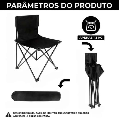 Parâmetros da cadeira, destacando o design dobrável para fácil de guardar e a portabilidade ultraleve de 1.3 KG.
