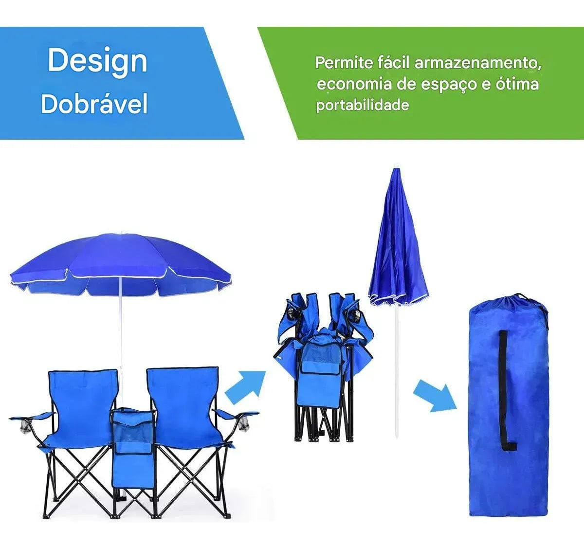 Sequência de dobramento da Cadeira Dupla, enfatizando o design dobrável que garante portabilidade e economia de espaço.