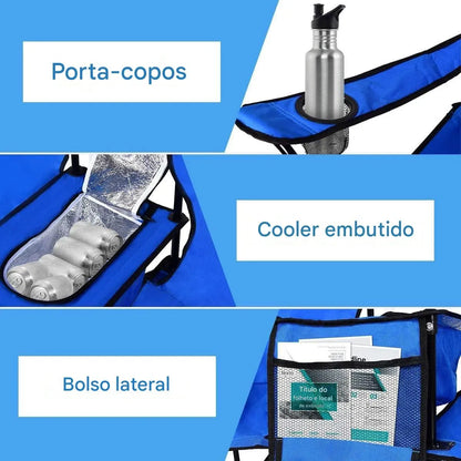 Close-up do porta-copos prático no apoio de braço, um detalhe de conforto e durabilidade para o uso casual.