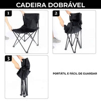 Sequência de 3 passos para o dobramento rápido da cadeira, mostrando a conveniência e a portabilidade para fácil de guardar.