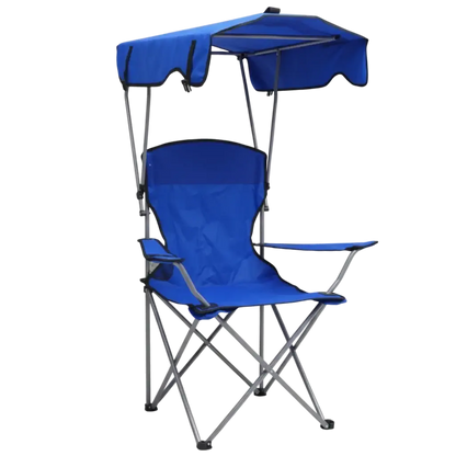 Vista frontal da cadeira azul com guarda-sol ajustável, oferecendo proteção UV e design ergonômico de qualidade.
