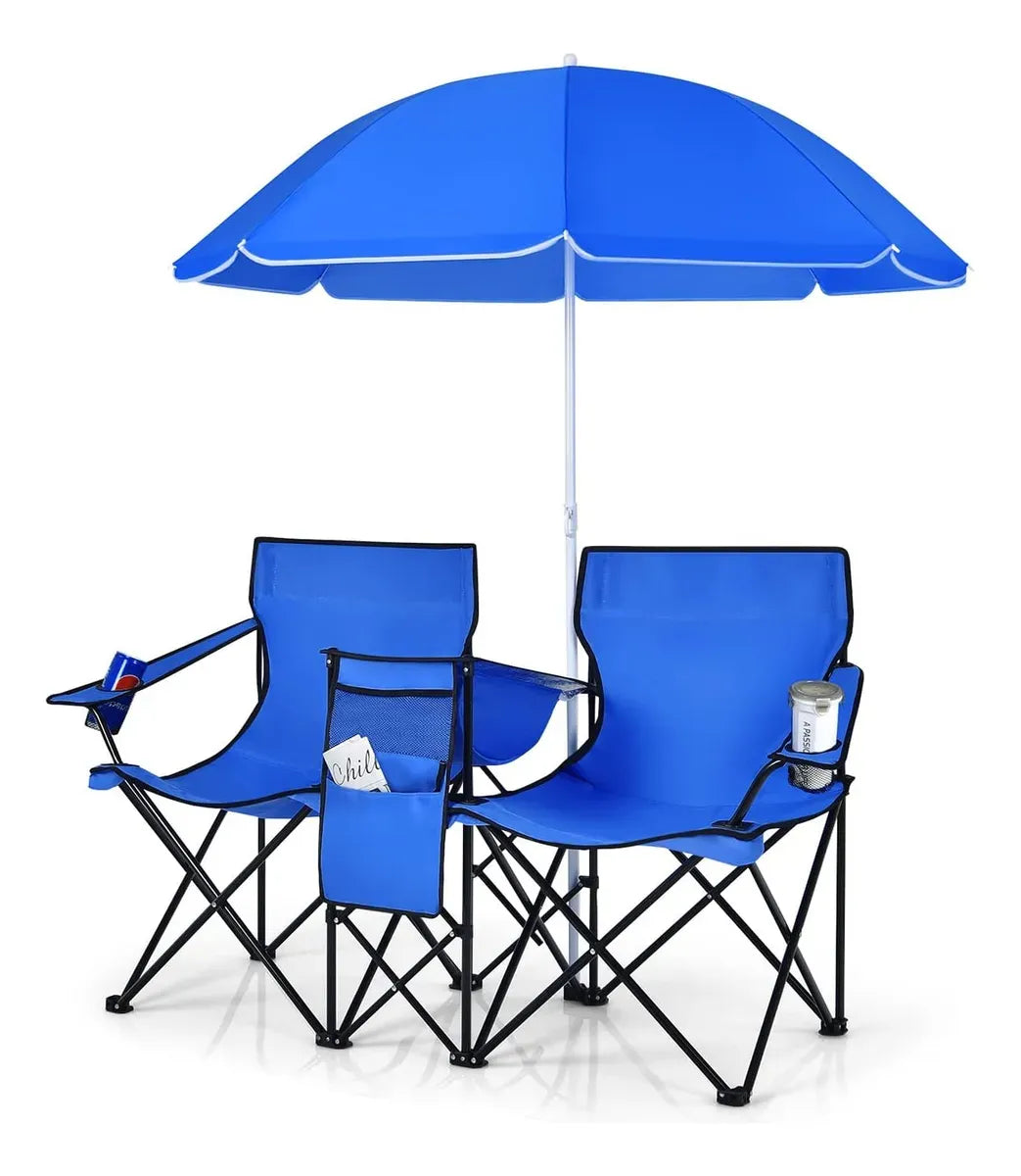 Cadeira Dobrável Dupla com Guarda-Sol Premium azul, ideal para o Conforto Duo em acampamentos e praias.