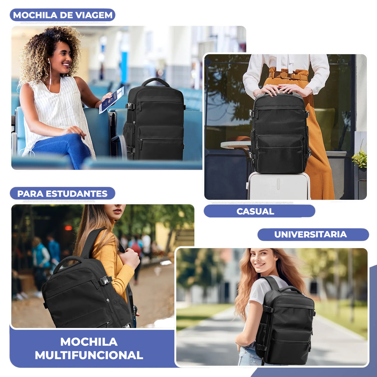 Cenários de uso multifuncional da mochila (Viagem, Casual, Universitária), reforçando a versatilidade e o Alto Valor.