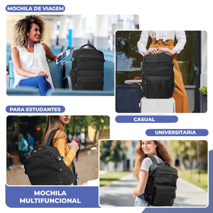 Cenários de uso multifuncional da mochila (Viagem, Casual, Universitária), reforçando a versatilidade e o Alto Valor.