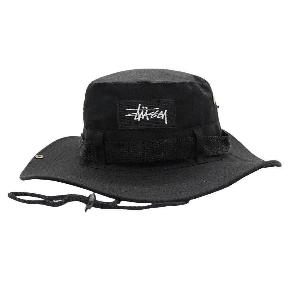 Chapéu pescador Puff Explorer preto, design tático com corda de ajuste, priorizando durabilidade e segurança.