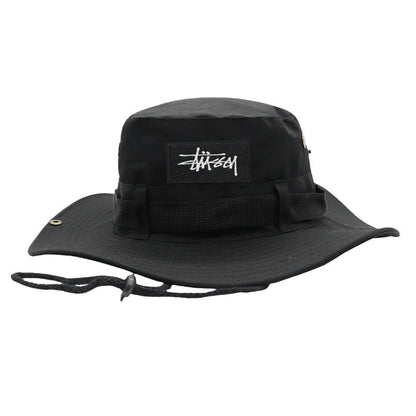 Chapéu pescador Puff Explorer preto, design tático com corda de ajuste, priorizando durabilidade e segurança.