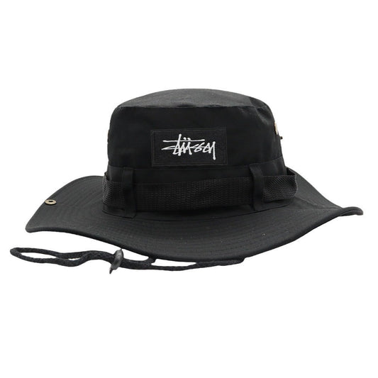 Chapéu pescador Puff Explorer preto, design tático com corda de ajuste, priorizando durabilidade e segurança.