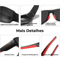 Detalhes do óculos: Lente Polarizada, dobradiças esportivas e hastes antiderrapantes, garantindo durabilidade e segurança.