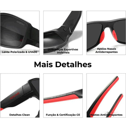 Detalhes do óculos: Lente Polarizada, dobradiças esportivas e hastes antiderrapantes, garantindo durabilidade e segurança.