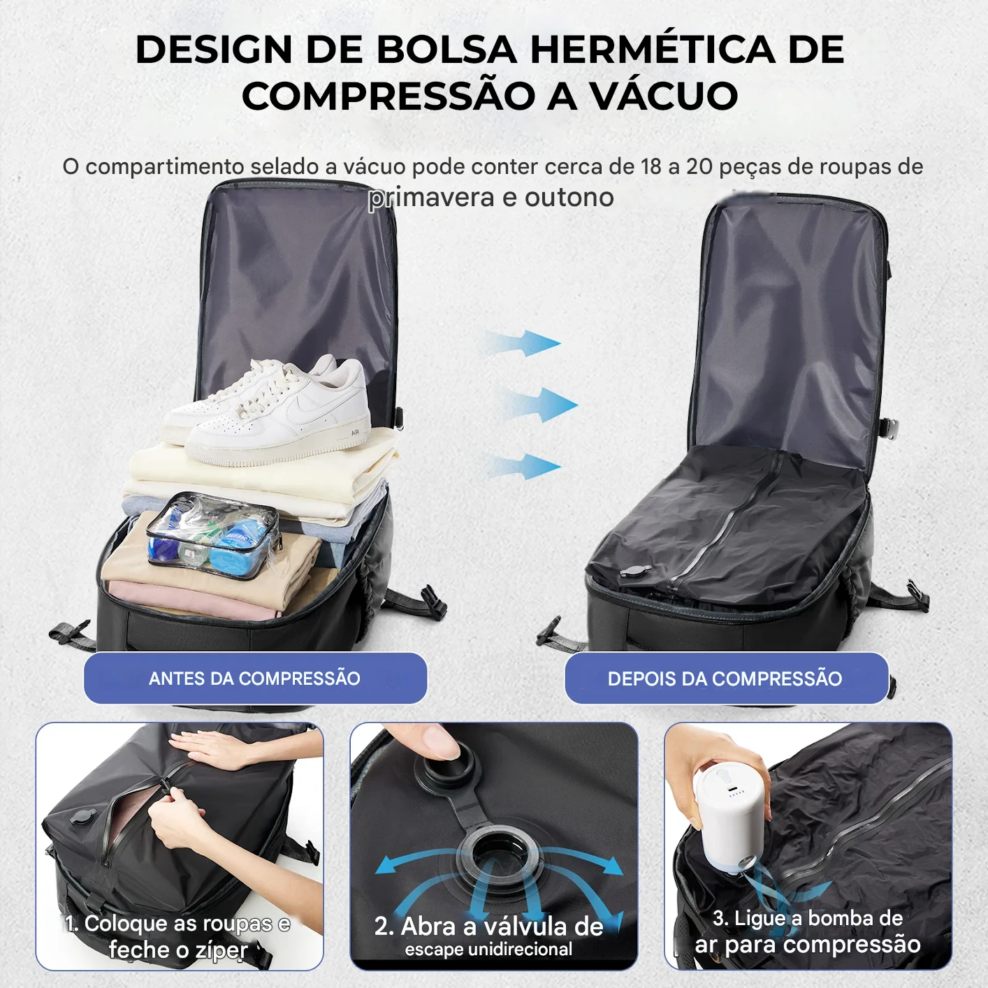 Demonstração do design de bolsa hermética a vácuo, mostrando a maximização de espaço para 18 a 20 peças de roupa.