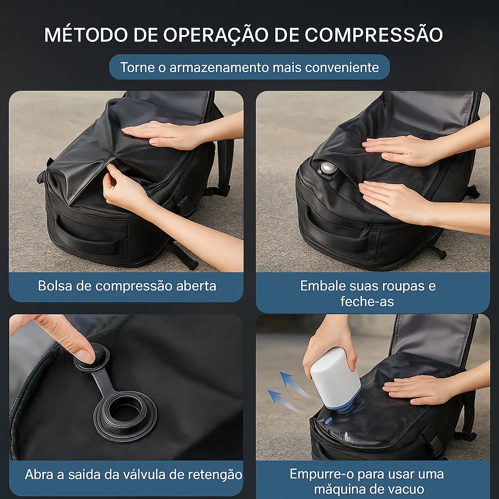 Instruções de armazenamento em 4 passos, garantindo conveniência e o armazenamento compacto da mochila.