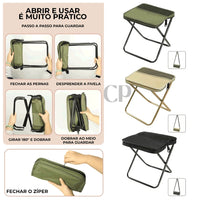 Banquinho dobrável ultraleve com sequência de dobramento; estrutura em aço carbono garantindo portabilidade extrema em 3 cores.