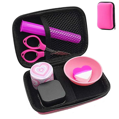 Kit Puff Lovely completo com case aberta e acessorios pink organizados