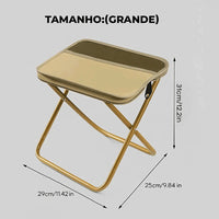 Tamborete dobrável tamanho grande com dimensões (31cm altura), destacando o design compacto e a durabilidade para uso rápido.