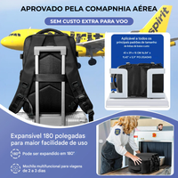 Mochila aprovada pela companhia aérea, mostrando compatibilidade com padrões de tamanho e a alça para encaixe em mala.