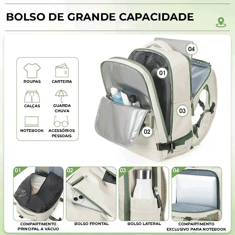 Bolso de grande capacidade com compartimento para notebook e vácuo, garantindo segurança e organização numerada.