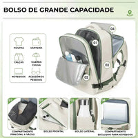 Bolso de grande capacidade com compartimento para notebook e vácuo, garantindo segurança e organização numerada.