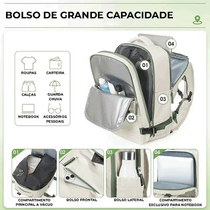 Bolso de grande capacidade com compartimento para notebook e vácuo, garantindo segurança e organização numerada.