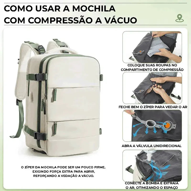 Instruções de uso da compressão a vácuo, mostrando a válvula unidirecional e a vedação para máxima conveniência.