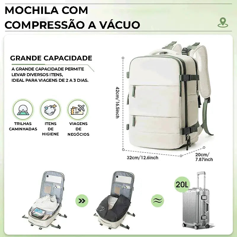 Mochila 20L com grande capacidade, ideal para viagens de 2 a 3 dias e trilhas, otimizando a organização.