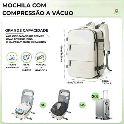 Mochila 20L com grande capacidade, ideal para viagens de 2 a 3 dias e trilhas, otimizando a organização.