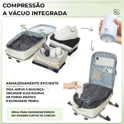 Demonstração da compressão a vácuo integrada, promovendo armazenamento eficiente e economia de tempo, USP de Alto Valor.
