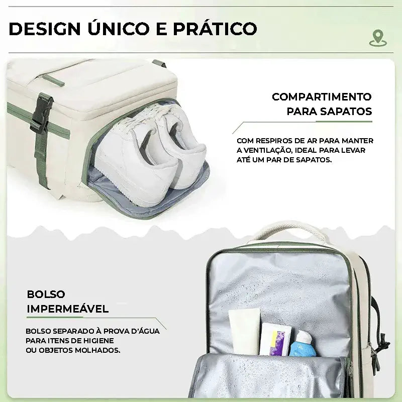Design único com compartimento para sapato e bolso impermeável, garantindo higiene e proteção para itens molhados.