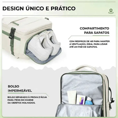 Design único com compartimento para sapato e bolso impermeável, garantindo higiene e proteção para itens molhados.