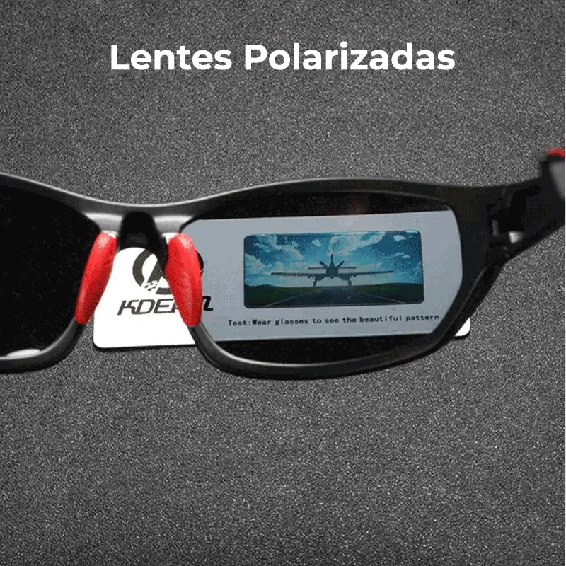 Demonstração do teste de lentes polarizadas (imagem de avião), comprovando a tecnologia de filtro de ofuscamento e segurança.