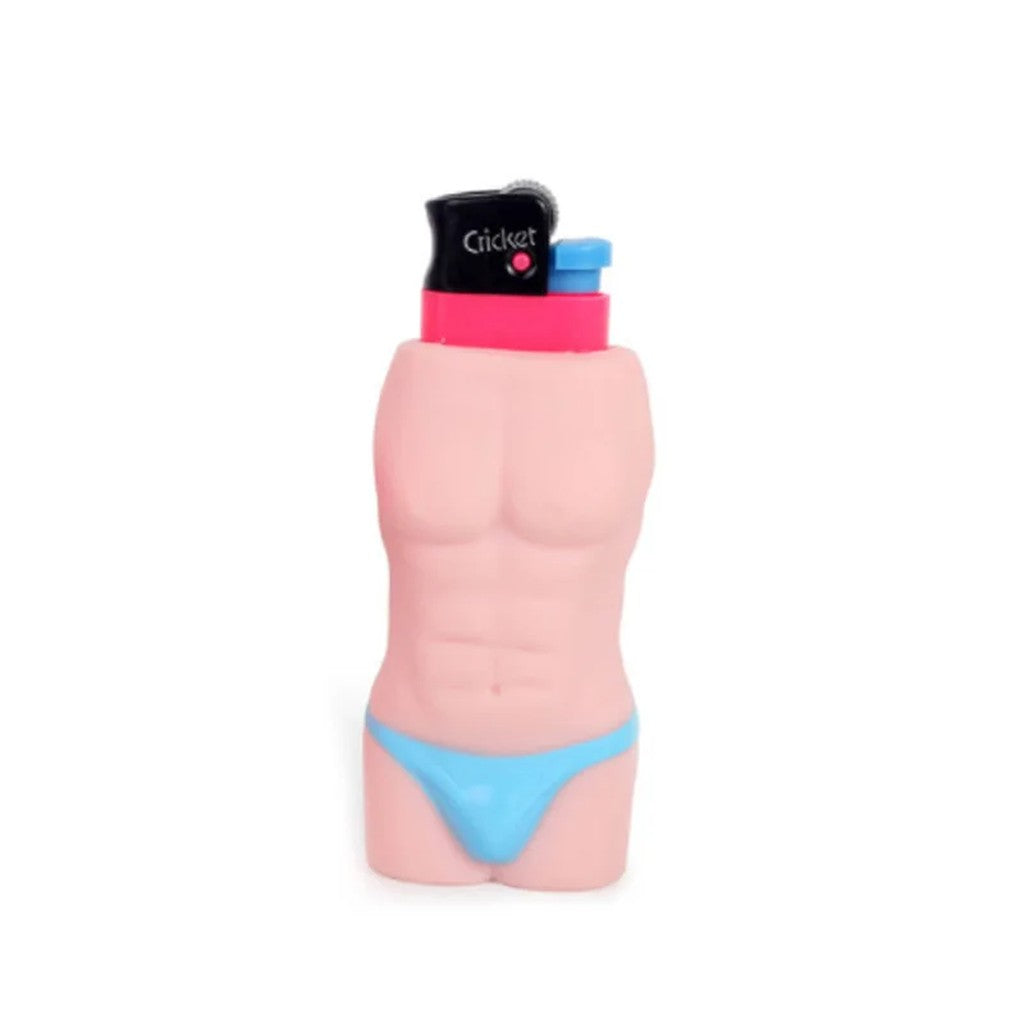 Porta-isqueiro de silicone em formato de corpo masculino sarado com sunga azul