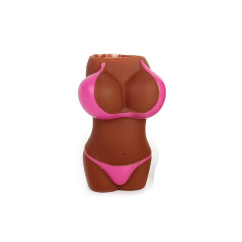Porta-isqueiro de silicone em formato de corpo feminino moreno com biquíni rosa