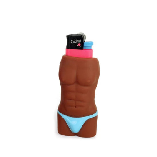 Porta-isqueiro de silicone em formato de corpo masculino moreno com sunga azul
