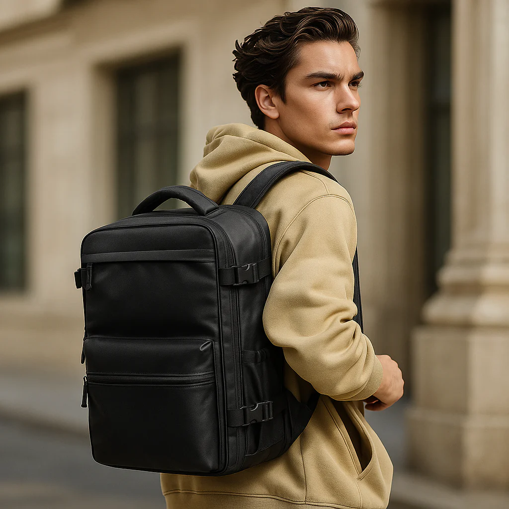 Usuário carregando a mochila a vácuo em ambiente urbano, destacando o design premium e a portabilidade.