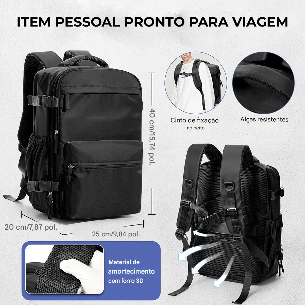 Vista traseira da mochila, destacando o material de amortecimento com forro 3D e as alças resistentes para conforto ergonômico.